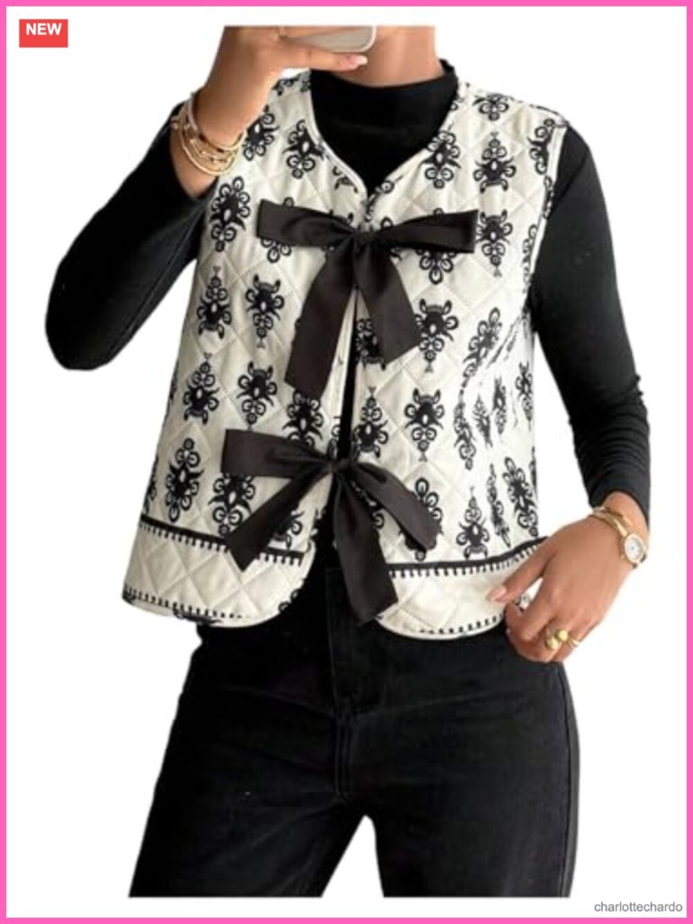 Quilted Puffer Vest Tie Front Sleeveless Reversible Floral